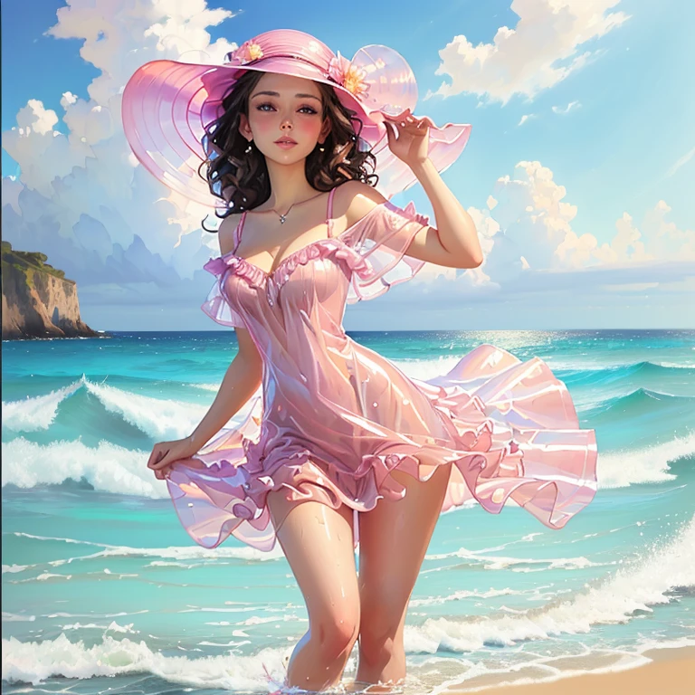 painting of a woman in pink transparent.wet. dress and hat, standing in the ocean, ( ( konstantin razumov ) ), konstantin razumov, a picture of beauty, dmitry spiros, Steve Henderson, Beautiful character art, James Gurney's painting style, dressed in pink.A transparent dress,breasts are visible. Beautiful Realistic Picture, beautiful picture, vladimir volegov, Antonio Chiseri