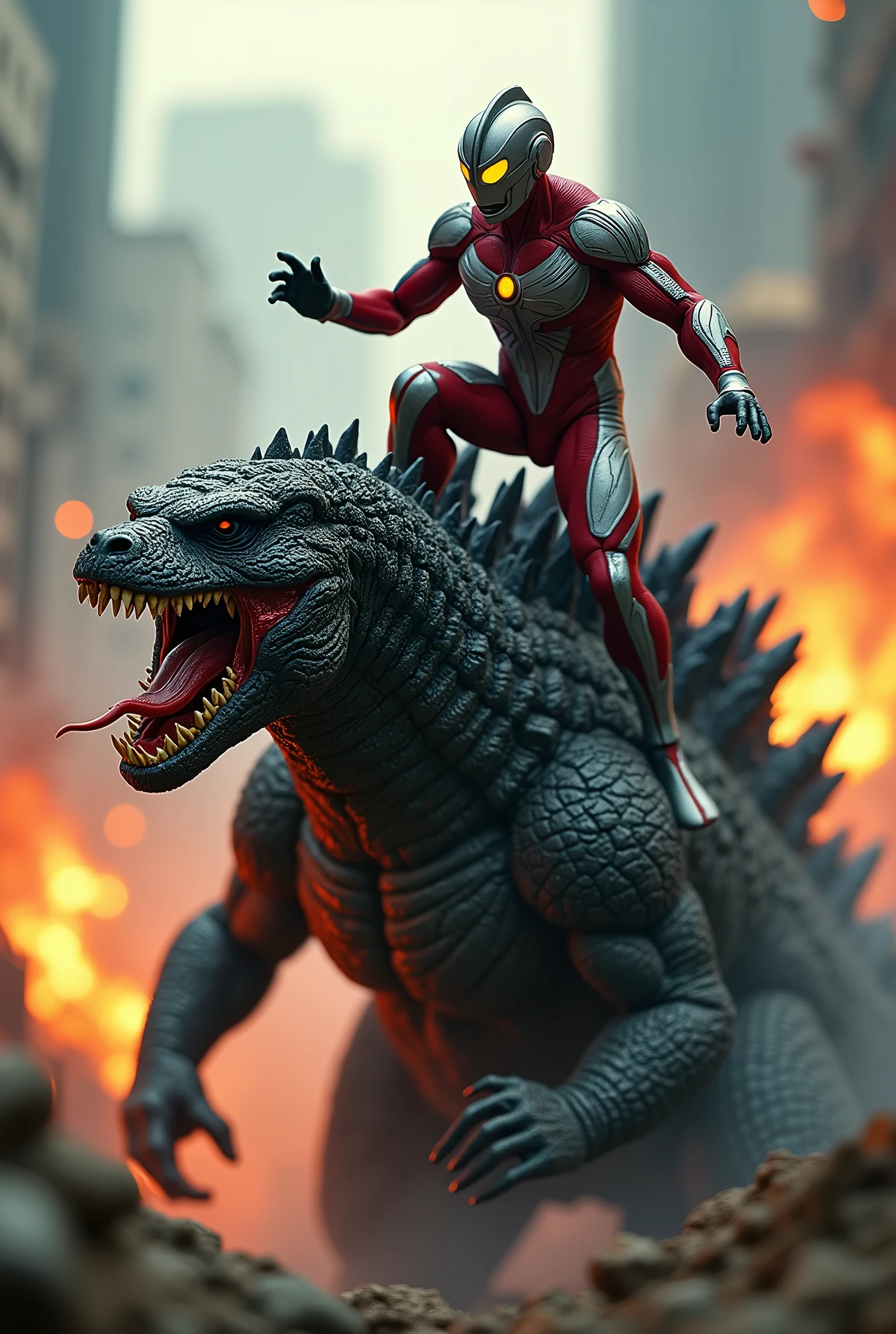 Tilt shift photography ultraman riding godzilla,godzilla mouth ripped open,brutal fight scene,cinematic lighting,highly detailed,realistic,photorealistic,extremely detailed,4k,8k,high resolution,best quality,masterpiece,ultra detailed,sharp focus,intense colors,dramatic shadows,dynamic composition,hyper realistic,cinematic angles,action poses,cinematic atmosphere