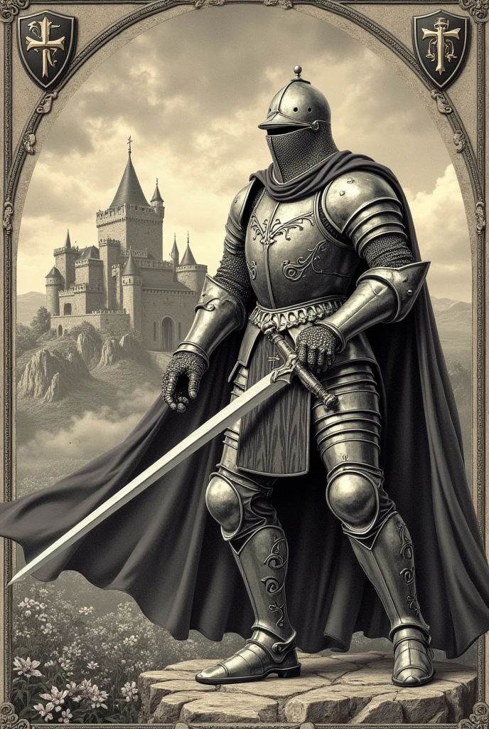 A medieval engraving of a knight with a sword