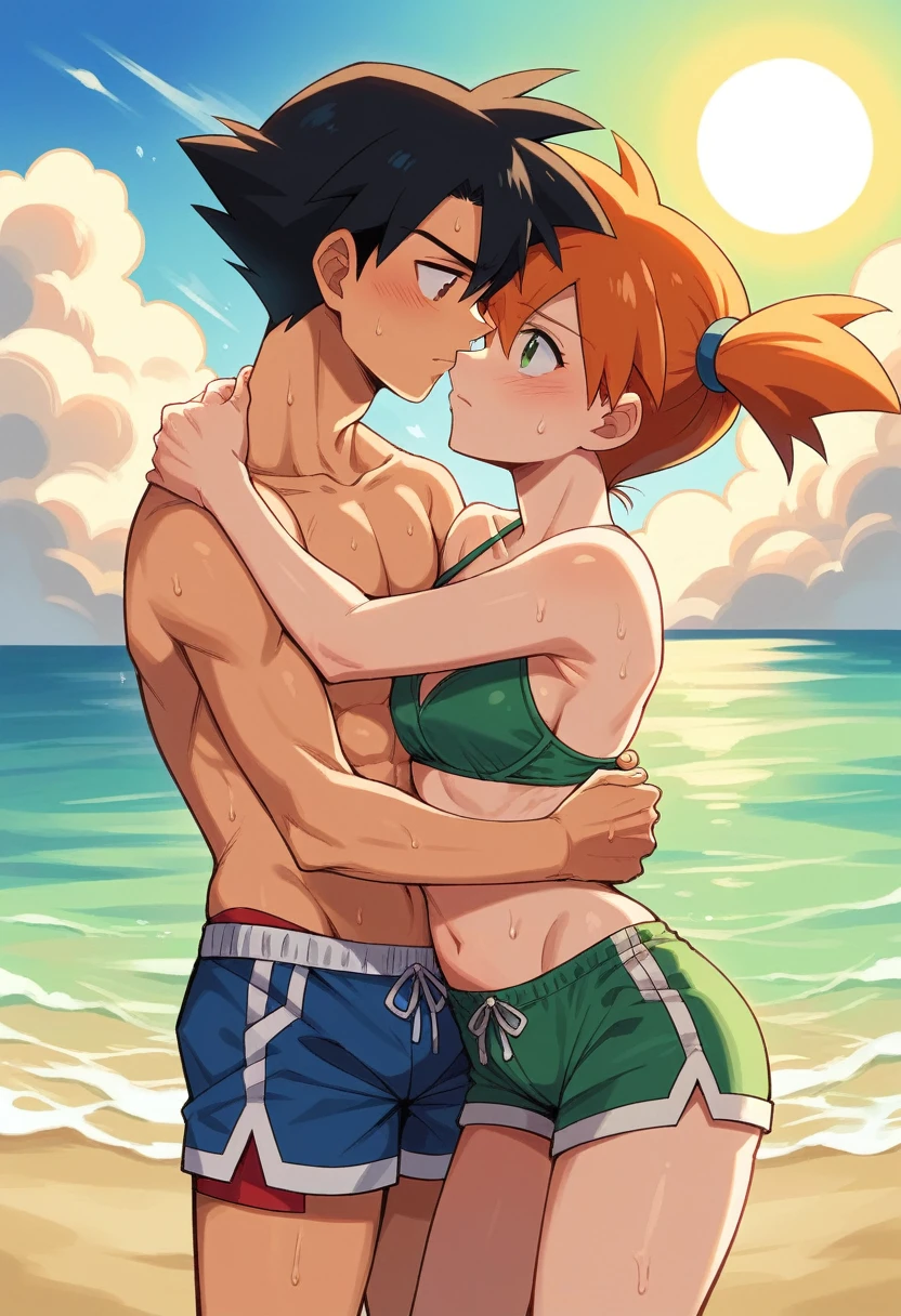 1boy, ash ketchum, black hair, brown eyes, hair between eyes, ash ketchum, on beach, shirtless, male swimwear, handsome boy, macho, good looking boy 1girl, misty pokemon, orange hair, green eyes, on beach, bikini, pretty, beautiful girl photograph of a 18 years old couple almost naked, they're showing off their love and affection for each other, they're caressing, he's carrying her, intimacy, erotic moment, sex, penetration, penis penetrates vagina, upright straddle, straddling, hard sex 