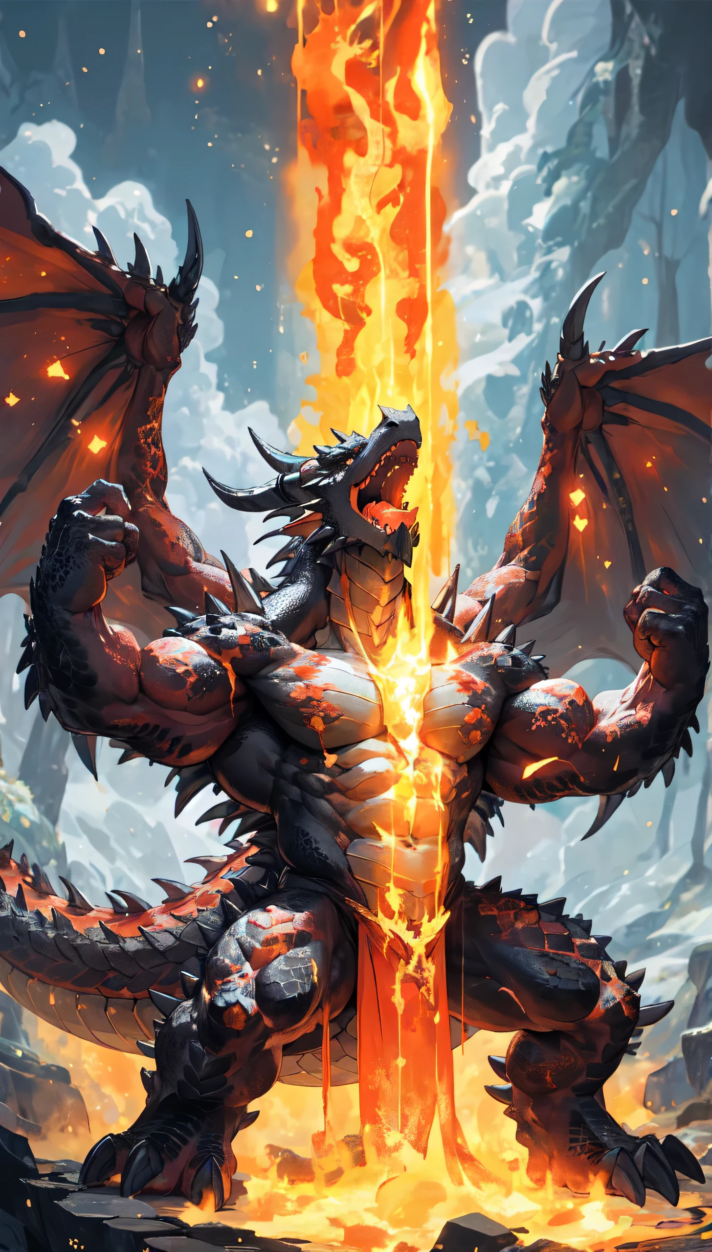 solo, kemono, (dragon), anthro,grinning lasciviously, red tongue, abs, male, (((black body))), scales, tail, big muscles, (muscular:1.5), abdomen,(abdominal muscle) ,handsome, fantasy, outdoors, forest,raising hands, standing, (toe claws), epic, depth of field, perfect lighting, (light particles),(best quality),(masterpiece),(ultra detailed),sharp focus, inspired by Ryūsei Kishida, thertrevkaiser, scales on body, smooth body