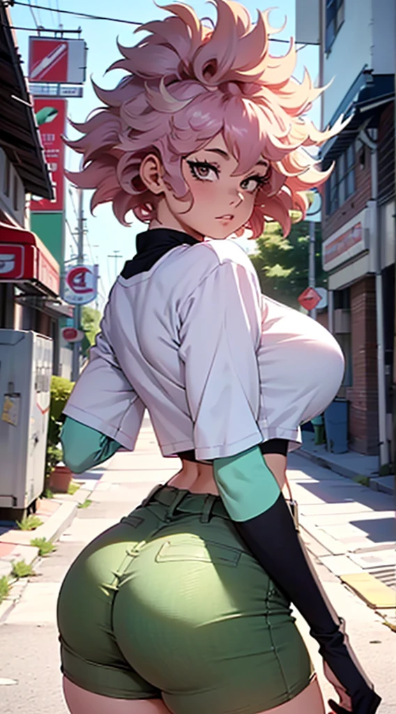 ((Masterpiece:1.5, best quality)), ((Mina Ashido from My Hero Academia)), beautiful face, (voluptuous), large_breast, ample hips, flaunting her incredibly detailed accentuated big booty, wearing cropped t-shirt and daisy dukes, thick_thighs, breathtaking detail, RAW photo color, cinematic lighting, 8k uhd, dslr,