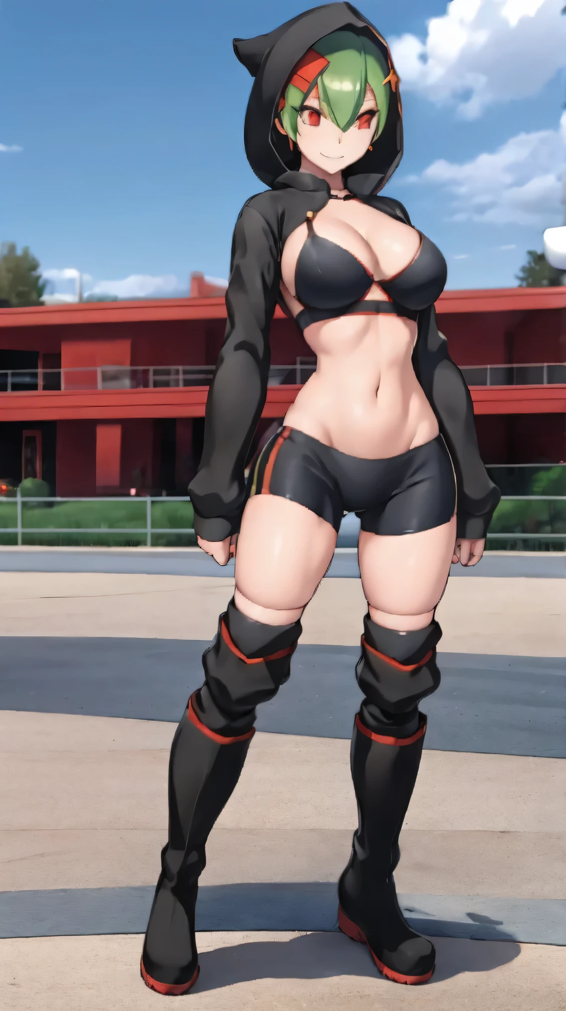 beautiful woman, short green hair, red pin, black hood, black open jacket,  bra, thight gym shorts, high knee black socks, high boots, long sleeve, dynamic pose, rina shinomyia