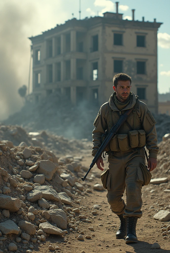 war scenario with a building half demolished