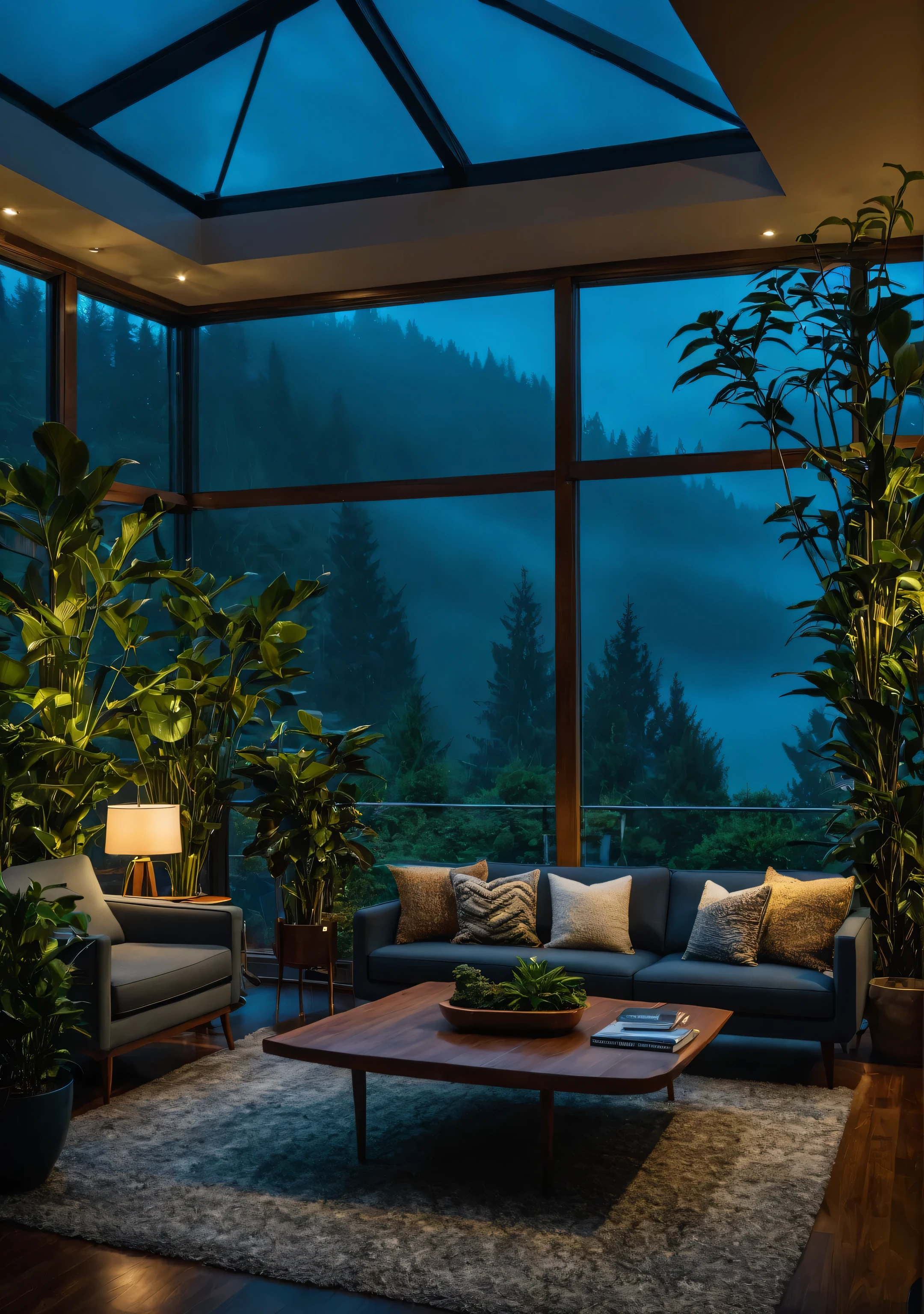 ((Medieval modern living room)), Dark, (Foggy and rainy nights:1.2), Northwest Pacific, (Dark的灯光:1.2), (Mood lighting:1.3), plant, large plant, many plant, (Foggy windows:1.2), masterpiece, best quality, Dusk, Blue hour