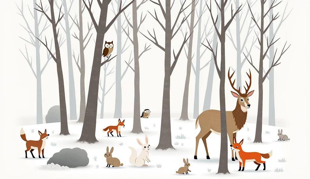 Detailed and whimsical illustration of a winter forest scene. The layout features a variety of animals amidst tall, leafless trees with a snowy ground. The animals include deer, foxes, rabbits, an owl, and squirrels, each depicted with fine lines and soft colors. The deer have light brown fur and antlers, the foxes are orange with bushy tails, and the rabbits are white, blending into the snow. The owl is perched on a low branch, while the squirrels are scattered on the trees. The background is filled with intricate details of tree bark, branches, and sparse foliage, all rendered in muted tones of gray and brown, creating a serene and peaceful atmosphere.