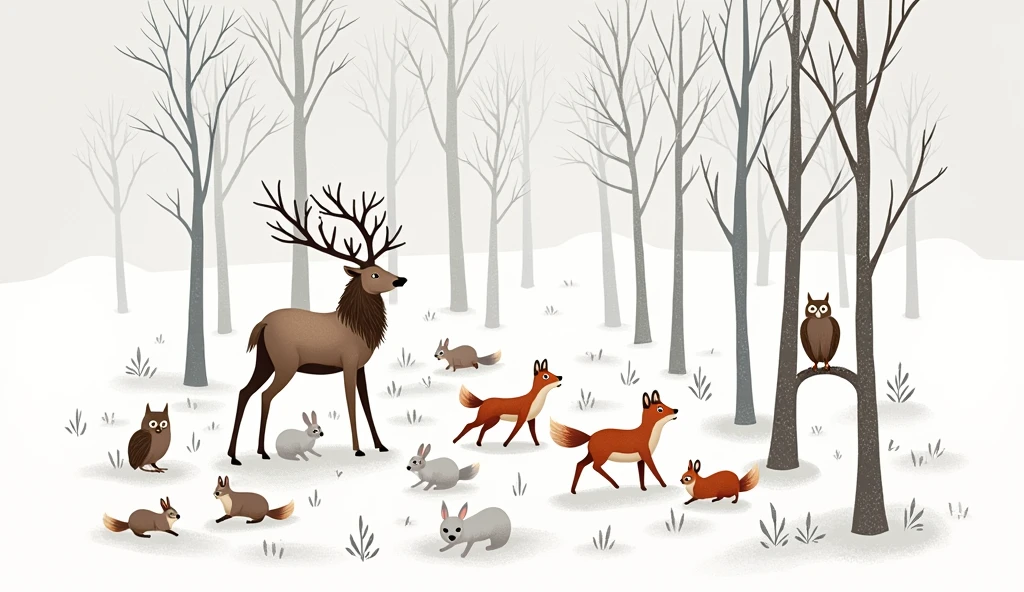 Detailed and whimsical illustration of a winter forest scene. The layout features a variety of animals amidst tall, leafless trees with a snowy ground. The animals include deer, foxes, rabbits, an owl, and squirrels, each depicted with fine lines and soft colors. The deer have light brown fur and antlers, the foxes are orange with bushy tails, and the rabbits are white, blending into the snow. The owl is perched on a low branch, while the squirrels are scattered on the trees. The background is filled with intricate details of tree bark, branches, and sparse foliage, all rendered in muted tones of gray and brown, creating a serene and peaceful atmosphere.