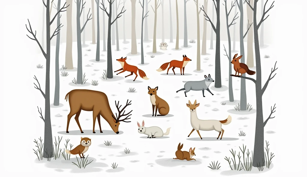 Detailed and whimsical illustration of a winter forest scene. The layout features a variety of animals amidst tall, leafless trees with a snowy ground. The animals include deer, foxes, rabbits, an owl, and squirrels, each depicted with fine lines and soft colors. The deer have light brown fur and antlers, the foxes are orange with bushy tails, and the rabbits are white, blending into the snow. The owl is perched on a low branch, while the squirrels are scattered on the trees. The background is filled with intricate details of tree bark, branches, and sparse foliage, all rendered in muted tones of gray and brown, creating a serene and peaceful atmosphere.