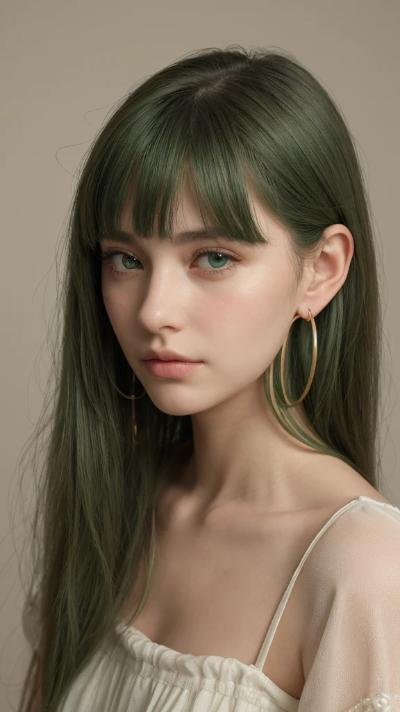 a girl. European. Extremely detailed face. Oval face. Delicate facial features. Half-closed eyes. Long straight hair. Messy hair. bangs. Green hair. Green eyes. pearl hoop earrings. neutral expression. Shy