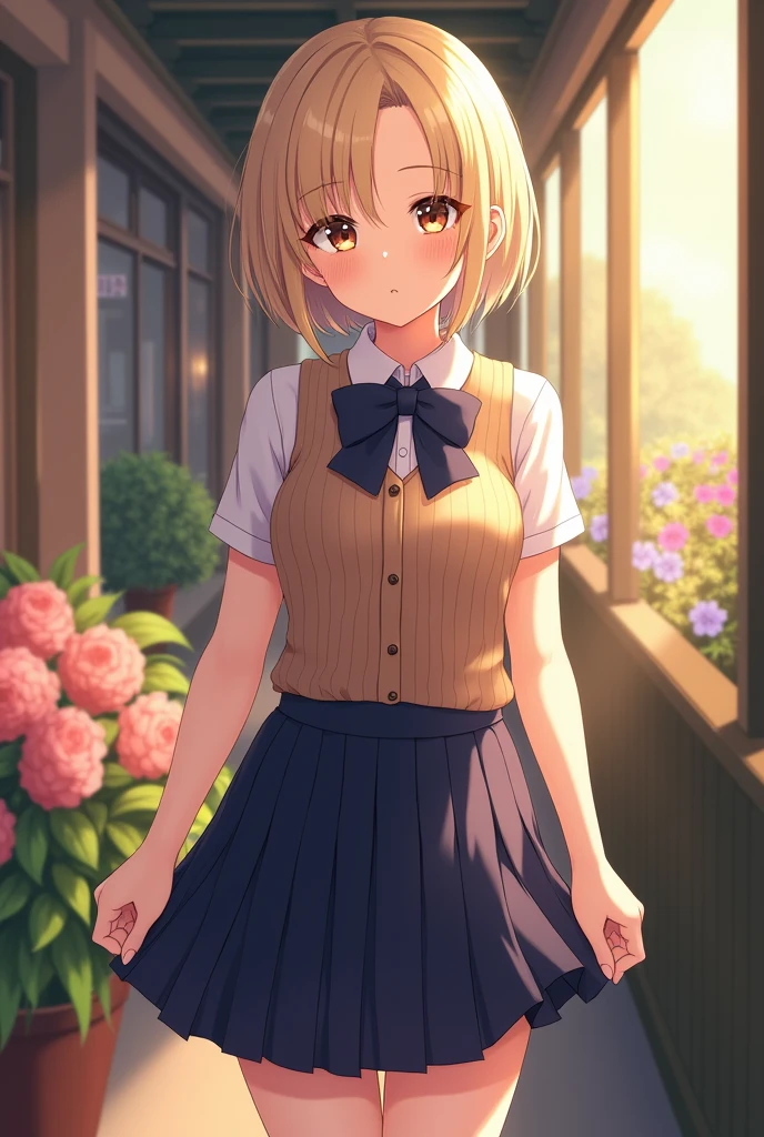 (masterpiece:1.2, the best quality), (Practical, photoPractical:1.4), High-quality illustrations, (Natural side Light, Light), Writing border depth,
Looking at the audience, Front view, 1 girl, English, High school girl, 20 years old, Perfect face, Cute symmetrical face, Light and radiant skin, Open your legs,
(Bob Hairstyle:1.7,bionde), Asymmetrical bangs, big eyes, Drooping eyes, Long eyelashes chest), Thin,
Beautiful hair, Pretty Face, beautiful eyes, Beautiful clavicle, Beautiful Body, Beautiful breasts, Beautiful thighs, Beautiful Feet, Beautiful fingers,
((Fine fabric texture, Brown knitted vest, Short sleeve white collar shirt, Navy blue pleated skirt, Navy bow tie)),
(Beautiful scenery), night, (Flower shop interior), Everlasting, (Smile, the best, open mouth), (((Skirt lift, White , Visible genitalia))), full-body shot, Dark blue socks, Sexye, Inverted Nipple,