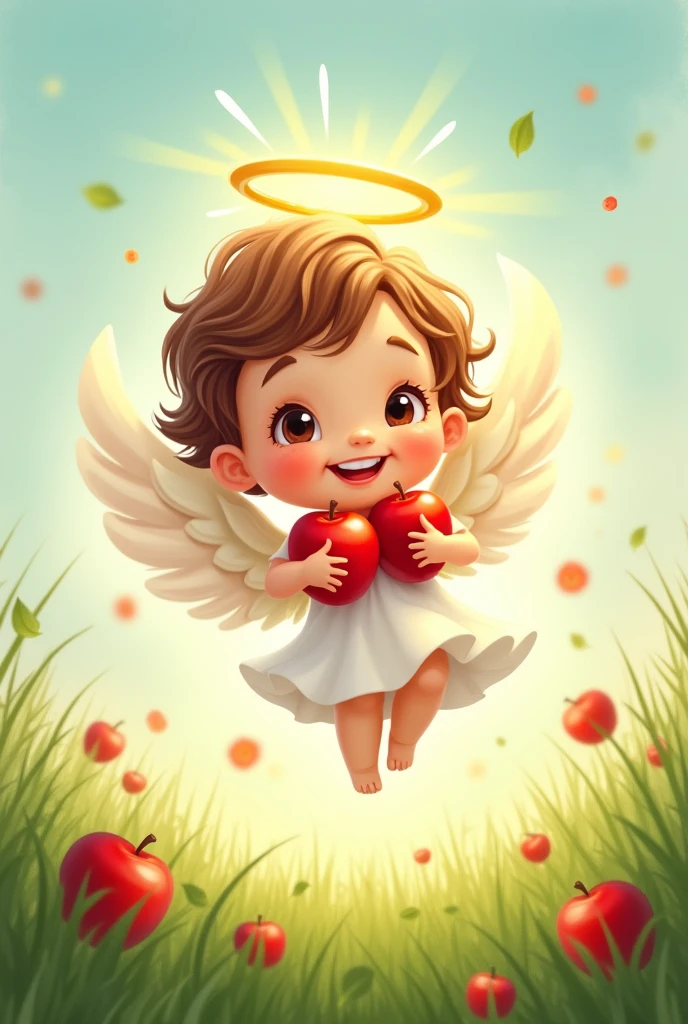 drawn drawing, Sticker, In the style of an illustration, a beautiful little angel - a child in the grass, Sticker, light eyes, halo overhead, smile, Sticker, apples in hand, Sticker, Apple Savior holiday, words of congratulations