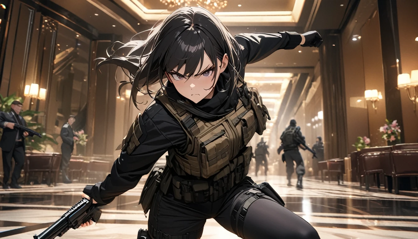 Woman with a black outfit and tactical vest, serious face, 4K, Assassins, gun, (8k, best quality, masterpiece: 1.2), Ultra-detail, dynamic, hotel hall, action