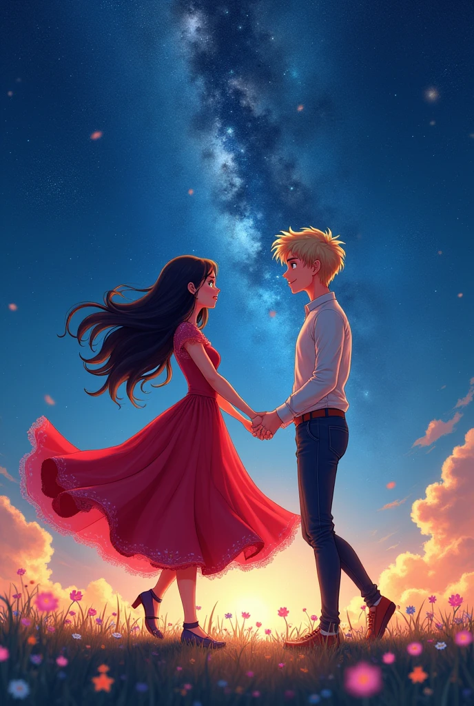 Generate am anime art of marientte dupain cheng and blond Adrien agreste dancing under the milky way . Marientte wearing a long red dress