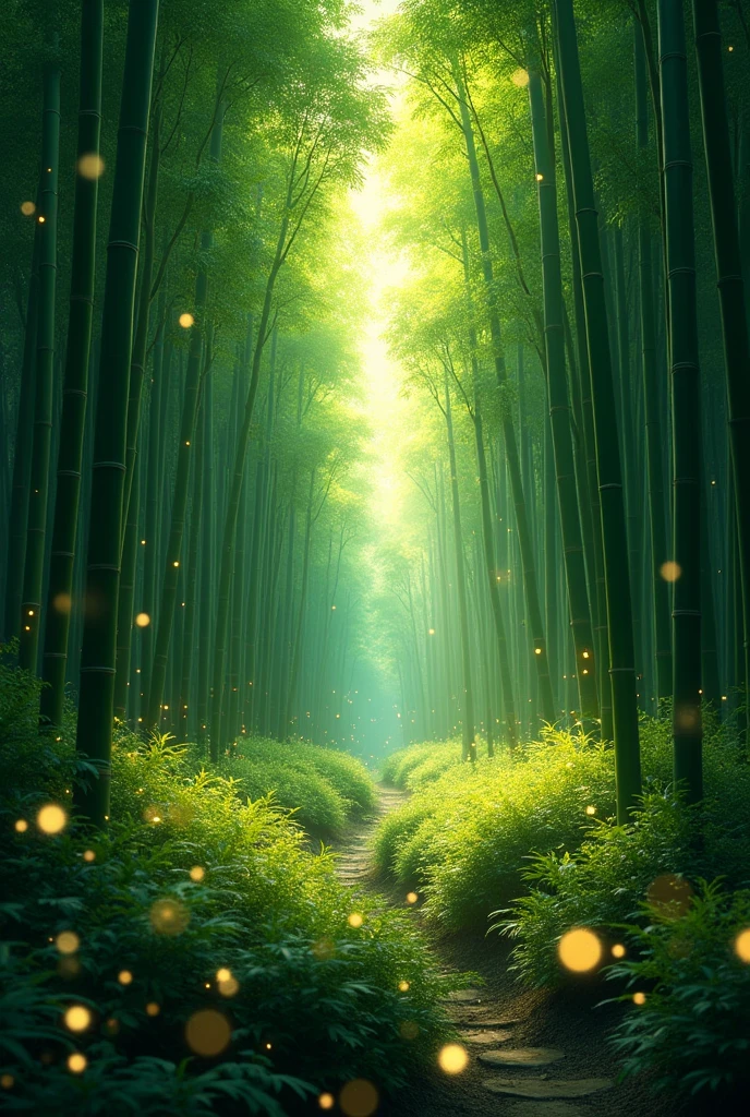 Top view, bamboo forest,Enchanted by nature, Glowing green, Leaves and magic.fair!!!!!!!!!, Green blessings, Natural and realistic rendering.Foreground illuminated by fireflies.Best Works. anatomically correct.Scenery background(best quality,4K,8k,High resolution,masterpiece:1.2),Super detailed,(actual,photoactual,photo-actual:1.37),