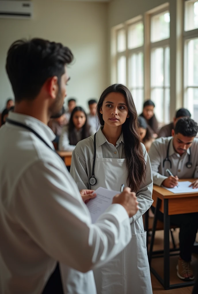Doctor wearing apron writing in exam hall adult boy "Wasim" adult girl "sifa" on background