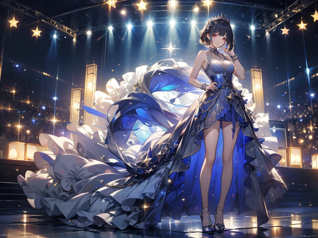 ((masterpiece, best quality)), Delicate face,Idol singer,Genting Stage,earphone,Girl Group,whole body,Standing picture,Smile,Perfect body proportions,Long legs,Short hair handsome,Beautiful glowing eyes,Extremely beautiful,transparent,evening dress,Lace,Fishnet stockings,Star decoration