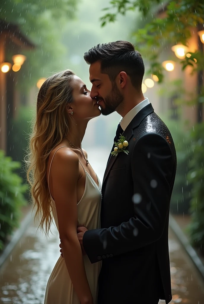 1girl, long_hair, short_hair, blonde_hair, brown_hair, black_hair, dress, 1boy, closed_eyes, hetero, necktie, outdoors, sleeveless, artist_name, blurry, wet, watermark, blurry_background, couple, kiss, wet_clothes, rain, hand_on_another's_chest