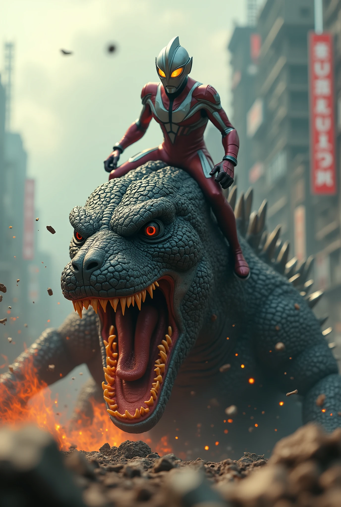 Tilt shift photography ultraman riding godzilla,godzilla mouth ripped open,brutal fight scene,cinematic lighting,highly detailed,realistic,photorealistic,extremely detailed,4k,8k,high resolution,best quality,masterpiece,ultra detailed,sharp focus,intense colors,dramatic shadows,dynamic composition,hyper realistic,cinematic angles,action poses,cinematic atmosphere