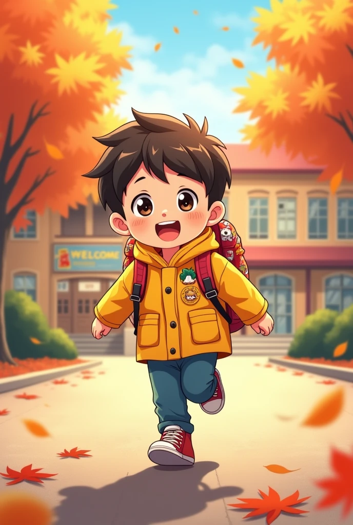 A cheerful first-grader is going to school on September 1st in the style of a cartoon anime.