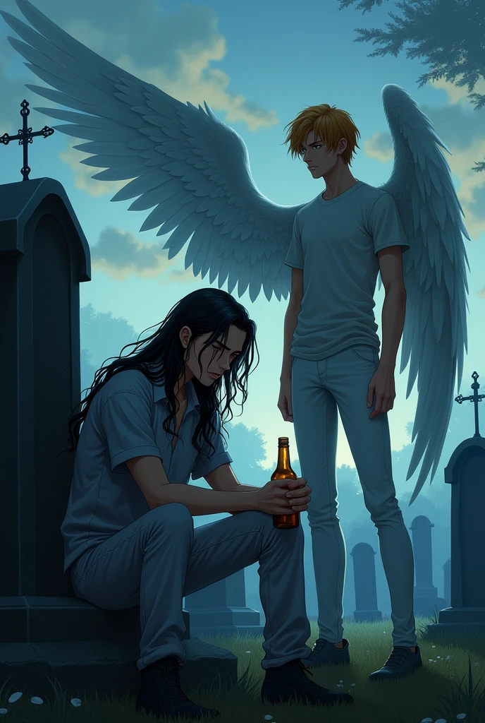 In the middle is a guy with long black hair, gray eyes, Beautiful face, Beautiful skinny body, black T-shirt, black trousers, sad, sits with a bottle of alcohol in a cemetery in front of a tombstone. There is a guy sitting on the right, blond, Beautiful, Pumped up body, in a gray shirt and white pants with large angel wings and brown eyes. On the left sits a guy with orange hair, in a white T-shirt and dark, and gray pants, Blue eyes, Large angel wings. anime art, masterpiece, realistically, super detail, Hand detailing, 