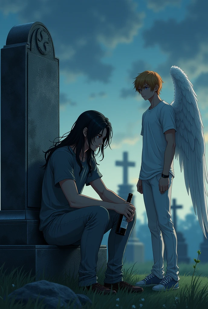 In the middle is a guy with long black hair, gray eyes, Beautiful face, Beautiful skinny body, black T-shirt, black trousers, sad, sits with a bottle of alcohol in a cemetery in front of a tombstone. There is a guy sitting on the right, blond, Beautiful, Pumped up body, in a gray shirt and white pants with large angel wings and brown eyes. On the left sits a guy with orange hair, in a white T-shirt and dark, and gray pants, Blue eyes, Large angel wings. anime art, masterpiece, realistically, super detail, Hand detailing,