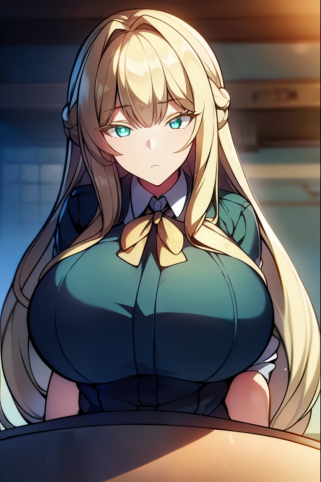 louisa_richter, blonde hair, long hair, emerald green eyes, big breast, standing, school uniform, black sweater, BREAK looking at viewer, BREAK outdoors, park, BREAK (masterpiece:1.2), best quality, high resolution, unity 8k wallpaper, (illustration:0.8), (beautiful detailed eyes:1.6), extremely detailed face, perfect lighting, extremely detailed CG, (perfect hands, perfect anatomy),