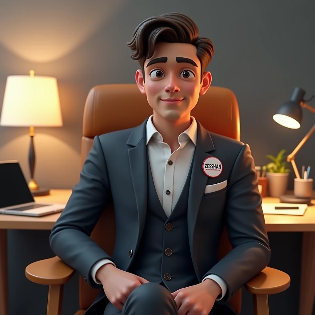 Create a 3D animated image of a 25-year-old, man sitting casually on a modern office chair. He is wearing a sober-colored three-piece suit, with a badge on his shirt that reads 'ZEESHAN.' The background features a desk with a laptop, a study lamp, and some other desk items. The man is positioned at a slight right side angle, similar to the reference image, and is looking directly at the camera with a confident expression. The setting should have a clean, modern, and professional vibe, resembling a home office or creative workspace.