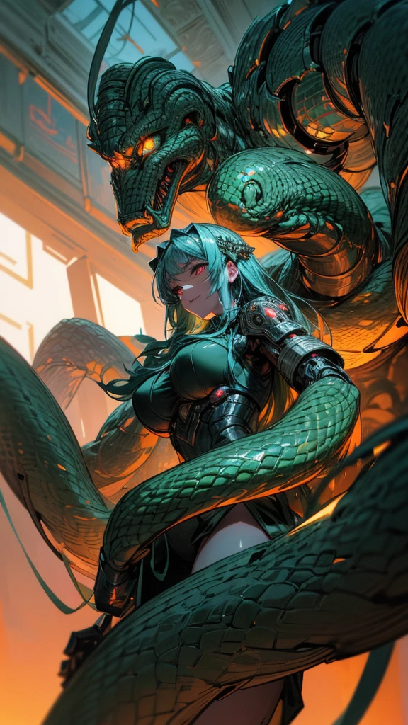 Here’s a prompt combining Greek mythological elements with a robotics science fiction look:
**Prompt:**
(best quality, 4k, highres, masterpiece:1.2), ultra-detailed, colossal Greek mythological serpent with a robotic sci-fi twist, gleaming metallic scales adorned with ancient Greek motifs, intricate cybernetic patterns, glowing red and gold eyes with slitted pupils, razor-sharp mechanical fangs, emitting a deep, metallic hiss, intimidating, futuristic presence, coiled around ruins of a high-tech ancient Greek temple, dramatic neon and ambient lighting, shadows cast by advanced, overgrown technology, awe-inspiring size, serpentine body integrated with advanced robotics and machinery, blending mythological and sci-fi elements, immersive experience, metallic and cybernetic textures with green and bronze hues, mythological serpent with robotic enhancements, imposing and formidable presence, set in a technologically advanced, yet ancient, mysterious environment.