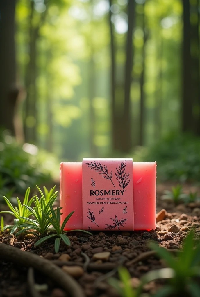 I need promotional type images for a repellent soap with rosemary extract, THE BRAND IS CALLED "ROSMERY" and the soap is Mexican pink. Let the image be in a wooded area, let the soap have a wrapper with the brand name