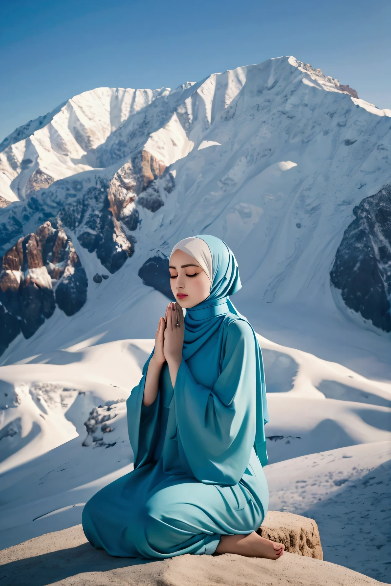 muslim woman in a hijab praying in front of a mountain range, shutterstock, portrait shot, praying posture, doing a prayer, muslim, sufism, praying meditating, best on adobe stock, praying at the sun, at sunrise, praying, islamic, dilraba dilmurat, hijab, taken in 2 0 2 0, prayer hands