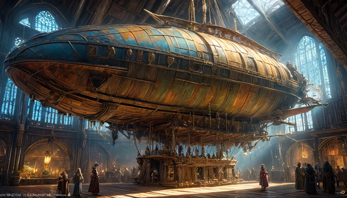 (anime, fantasy, flyship), (detailed CG unity 8k wallpaper, masterpiece, best quality, ultra-detailed, HDR:1.2), a fantasy style flyship, fantasy style hangar, contraption, medieval. {unique shape}, vibrant color, intricate, ethereal lighting. From Brian Froud and Carne Griffiths and Wadim Kashin and John William Waterhouse