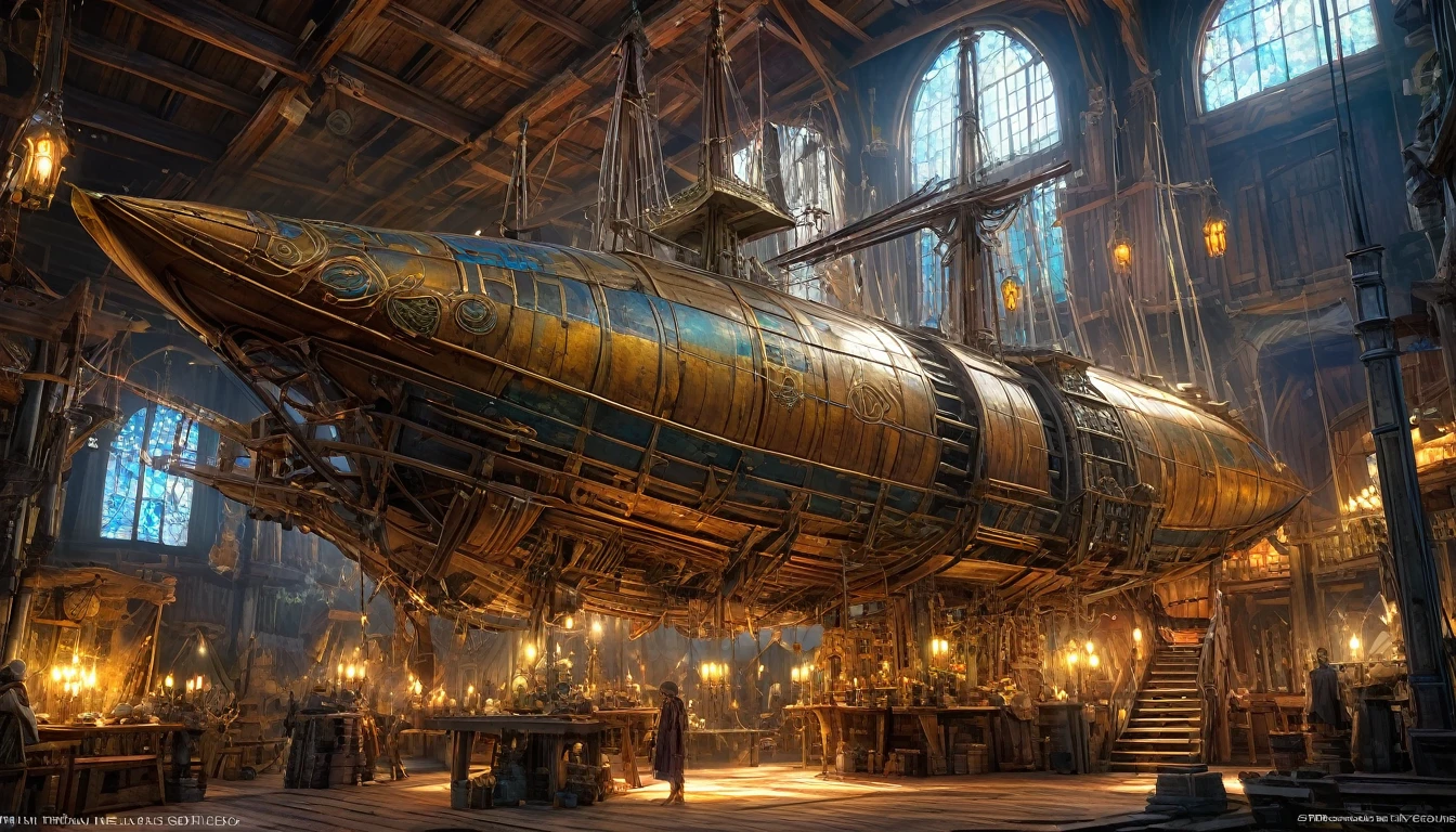 (anime, fantasy, flyship), (detailed CG unity 8k wallpaper, masterpiece, best quality, ultra-detailed, HDR:1.2), a fantasy style flyship, fantasy style hangar, contraption, medieval. {unique shape}, vibrant color, intricate, ethereal lighting. From Brian Froud and Carne Griffiths and Wadim Kashin and John William Waterhouse