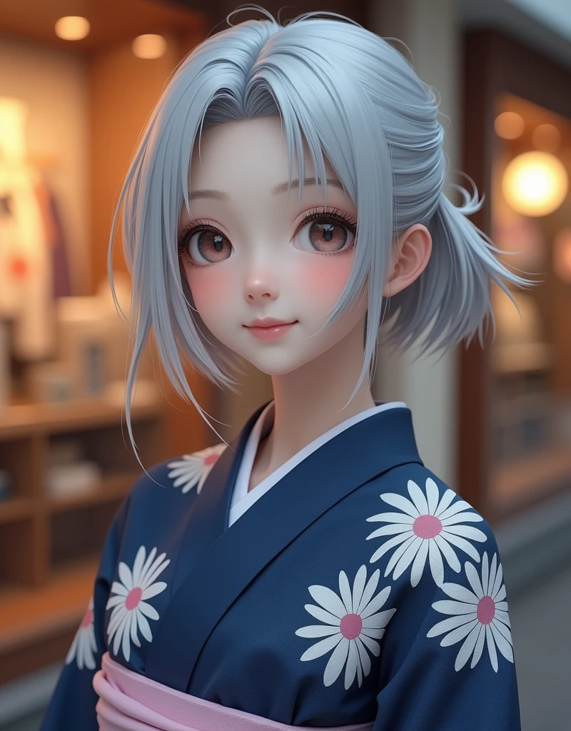 (RAW photo, best quality, masterpiece: 1.2), (photorealistic: 1.4), best lighting, 20 years old, (light gray hair, short cut, hair over one ear, Symmetrical eyes, fair skin, solo, Detailed Skin, Detailed Background:1.2),　Photo taken in front of a department store window, navy yukata with white floral pattern, hair tied back, smiling, light pink obi, evening,