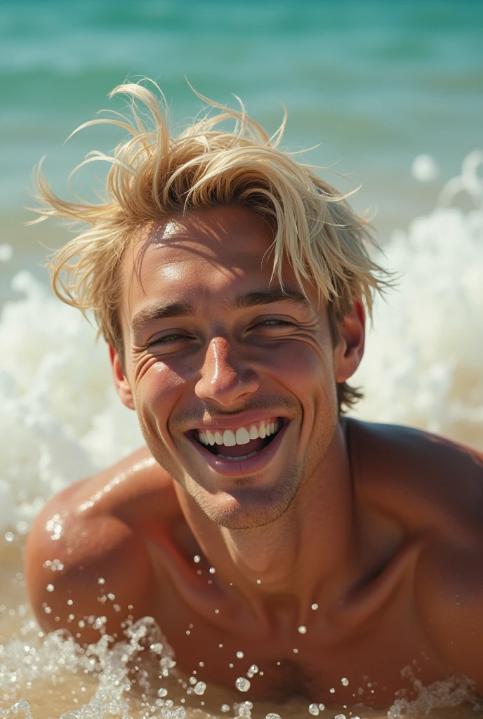 photorealistic, best quality, masterpiece, extremely detailed, very sexy, very homoerotic, extremely handsome, 20 year old japanese man, blond hair, athletic, wearing skimpy speedos, laughing out loud, lying down on the shore, splashing waves, looking at camera, extremely romantic atmosphere, perfect face, perfect fingers, perfect hands, perfection