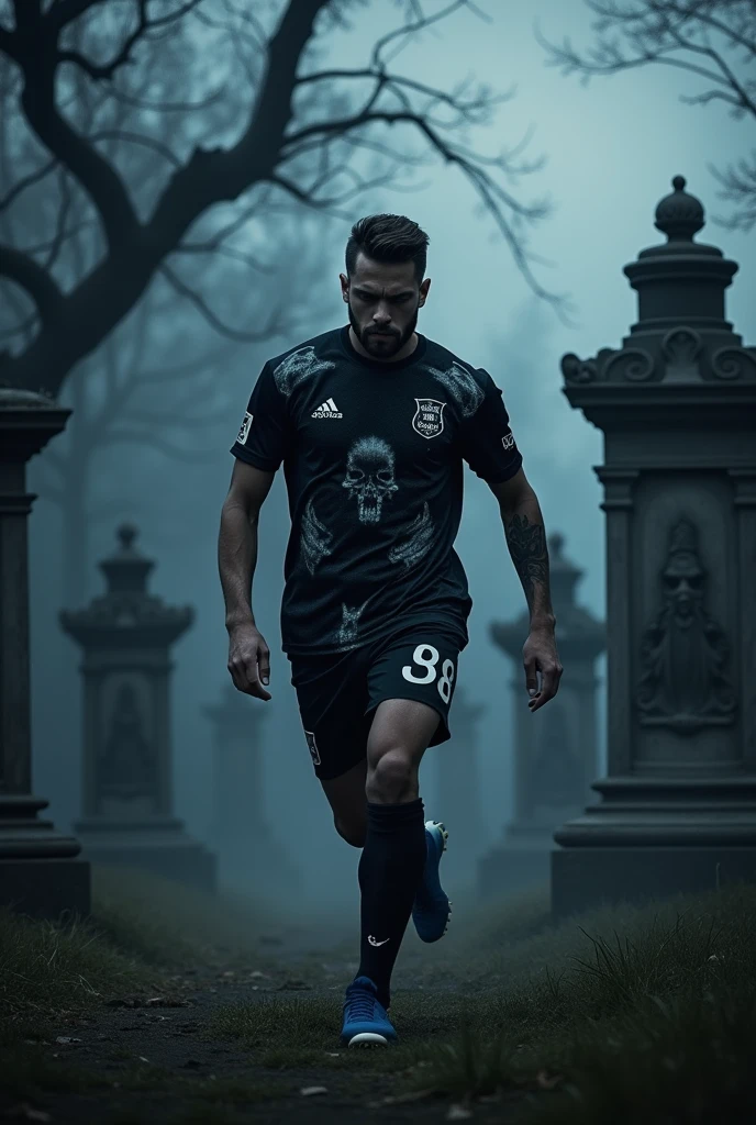 make a football jersey design with black colour and with some graveyard