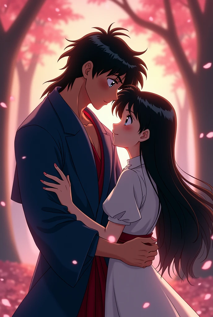 Bankotsu from the Inuyasha series hugs Kagome and kisses her, their faces flushed.