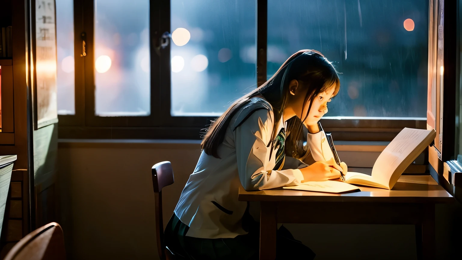 High school girl, studying, dim light in the room, late at night, rain outside the window, animation