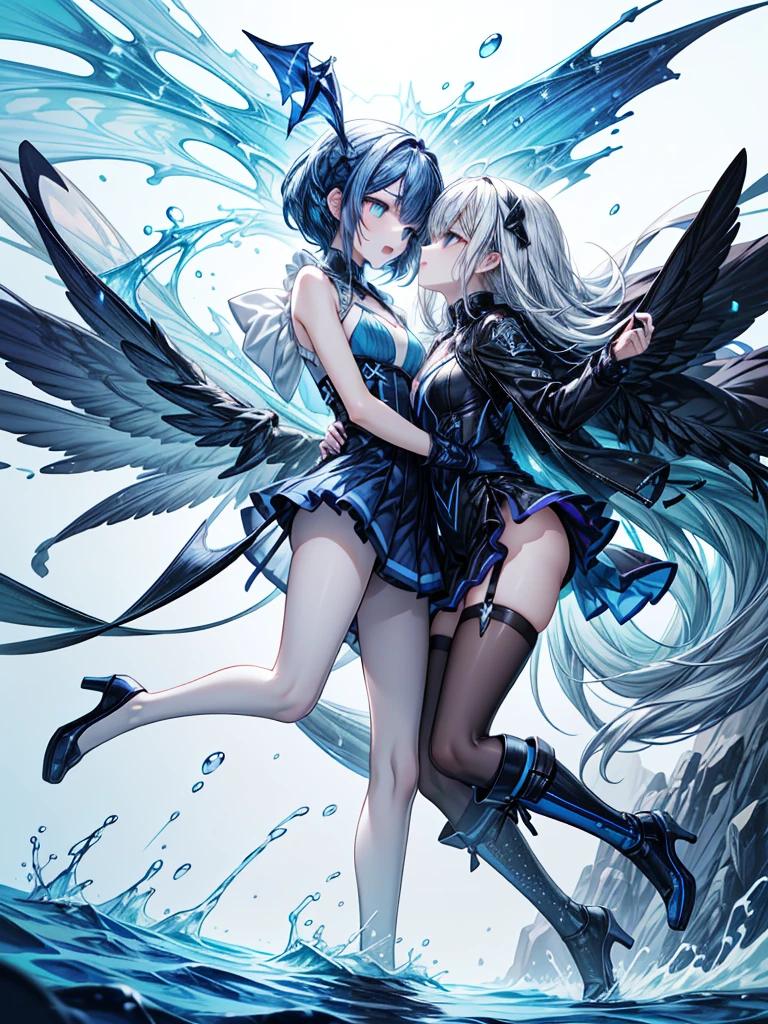 a designed art, ad of Sprite(drink), imagining graphic , Abstract design, unreal, pro illustration, illusion, sharp_shape, passion, (2girls, , yuri:1.3), full body, water splash, ice,bold composition, high contrast, flat background, light blue background, (bright colors:1.1), impact, vivid, dynamic angle, excited, lemon object, lens flare,