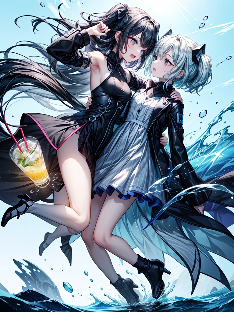 a designed art, ad of Sprite(drink), imagining graphic , Abstract design, unreal, pro illustration, illusion, sharp_shape, passion, (2girls, , yuri:1.3), full body, water splash, ice,bold composition, high contrast, flat background, light blue background, (bright colors:1.1), impact, vivid, dynamic angle, excited, lemon object, lens flare,