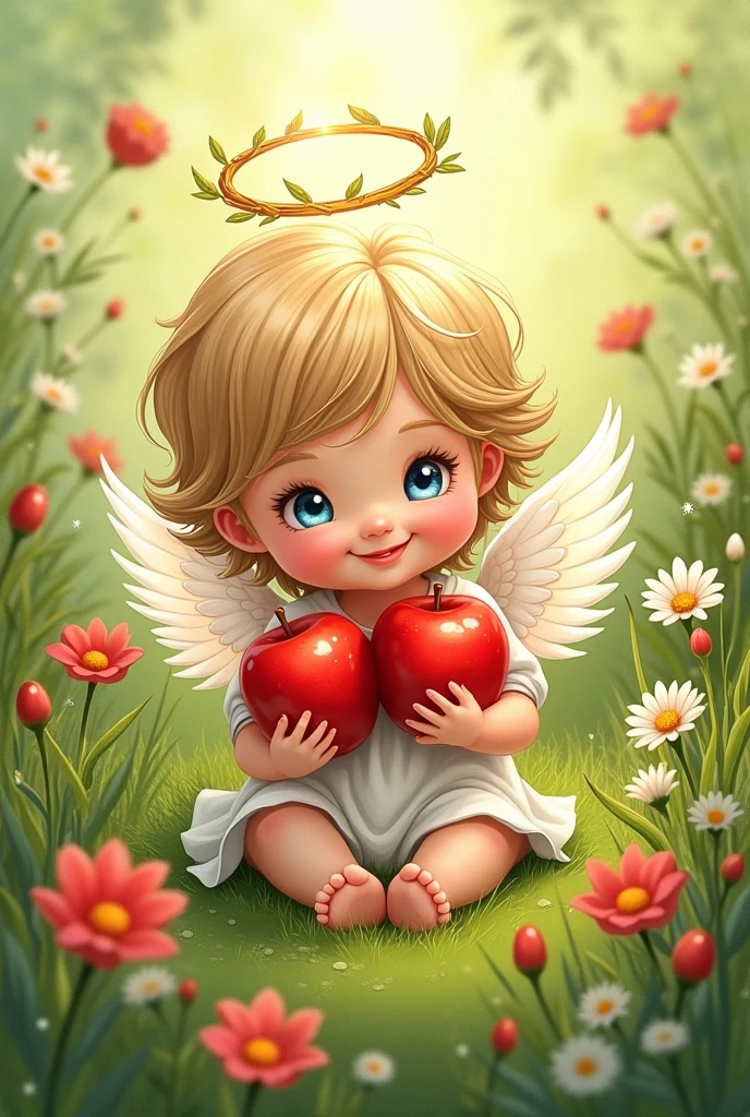 drawn drawing, Sticker, In the style of an illustration, a beautiful little angel - a child in the grass, Sticker, light eyes, halo overhead, smile, Sticker, apples in hand, Sticker, Apple Savior holiday, words of congratulations