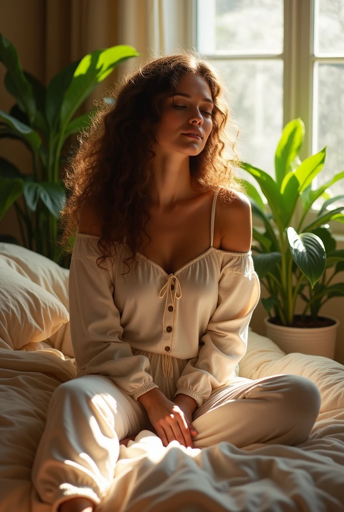 (photorealism:1.2), beautiful woman, sitting on bed, wearing loose off-shoulder top, pajama pants, long curly hair, indoors, soft lighting, plants in background, window with sunlight, cozy room, relaxed pose, realistic, intricate details, warm colors, by Greg Rutkowski, by Alphonse Mucha