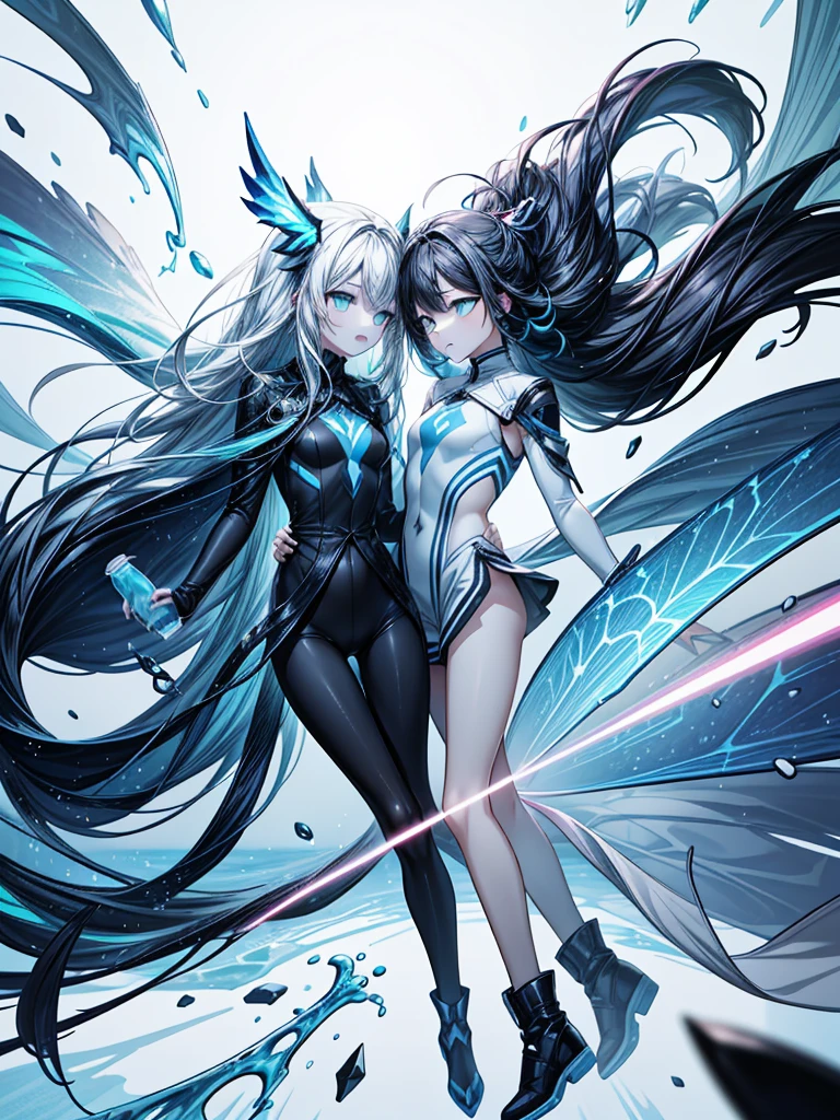 a designed art, ad of Sprite(drink), imagining graphic , Abstract design, unreal, pro illustration, illusion, sharp_shape, passion, (2girls, , yuri:1.3), full body, water splash, ice,bold composition, high contrast, flat background, light blue background, (bright colors:1.1), impact, vivid, dynamic angle, excited, lemon object, lens flare,