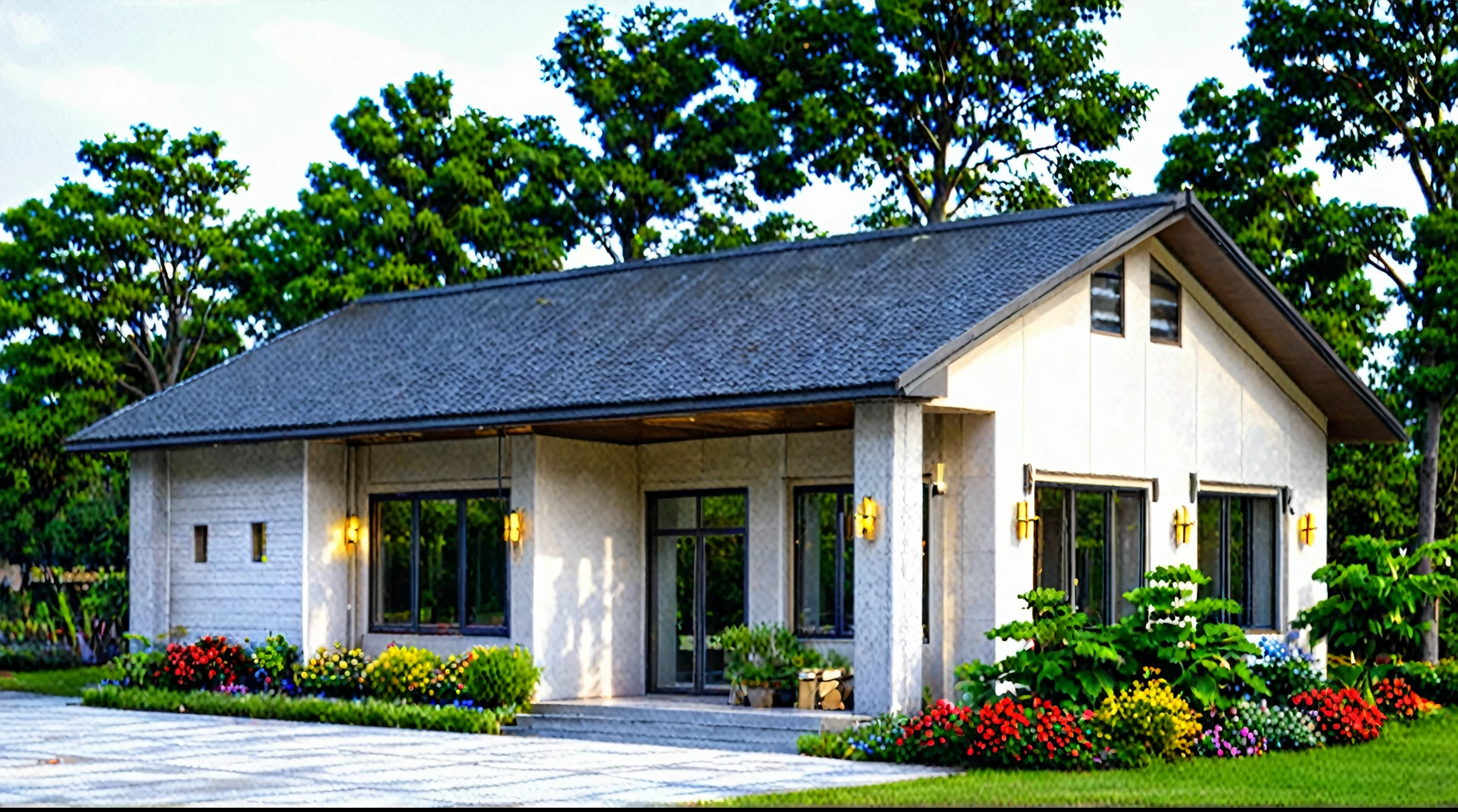 Raw photo,Masterpiece, high quality, best quality, authentic, super detail, exterior, outdoors, house style modern on the street,pavement, grass, trees, sky, cloud, (day:1.1), MIX WHITE AND Chocolate style color ; CHOCOLATE COLOR STYLE ROOF TILES, japanese roof style