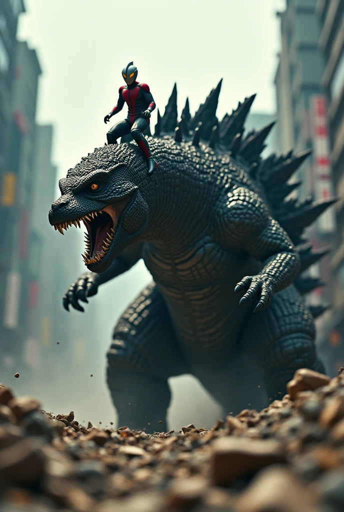 Tilt shift photography ultraman riding godzilla,godzilla mouth ripped open,brutal fight scene,cinematic lighting,highly detailed,realistic,photorealistic,extremely detailed,4k,8k,high resolution,best quality,masterpiece,ultra detailed,sharp focus,intense colors,dramatic shadows,dynamic composition,hyper realistic,cinematic angles,action poses,cinematic atmosphere