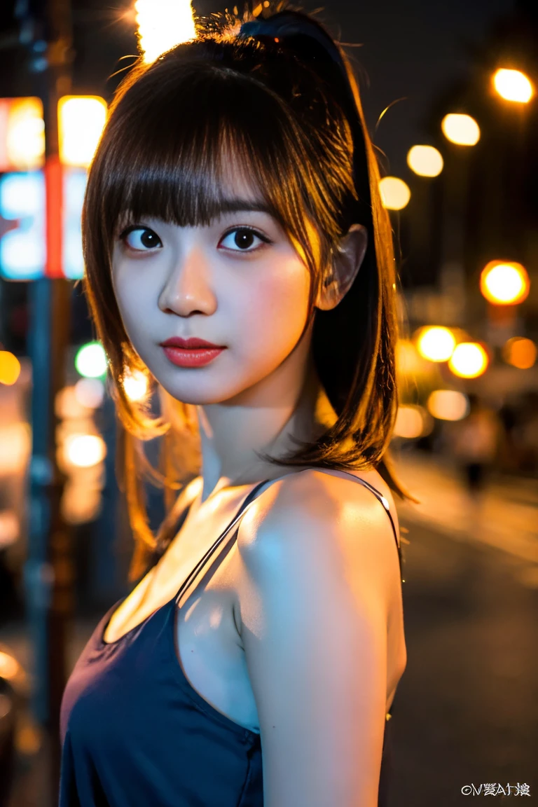 1 girl, Tokyo Street,night, Streetscape,City lights,Upper Body,close,smile,, (8k, RAW Photos, Highest quality, masterpiece:1.2),(Realistic, photo-Realistic:1.37),