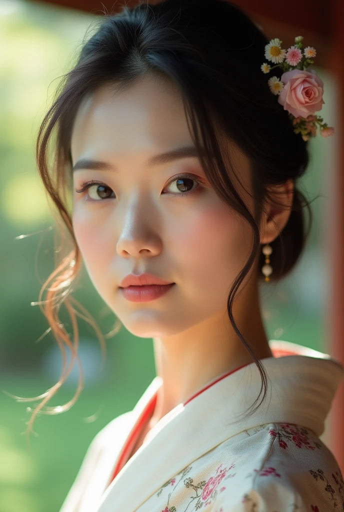 An elegantly dressed Japanese woman in natural light、A close-up of her chest and calm expression.、It shows her inner peace and outer charm.。