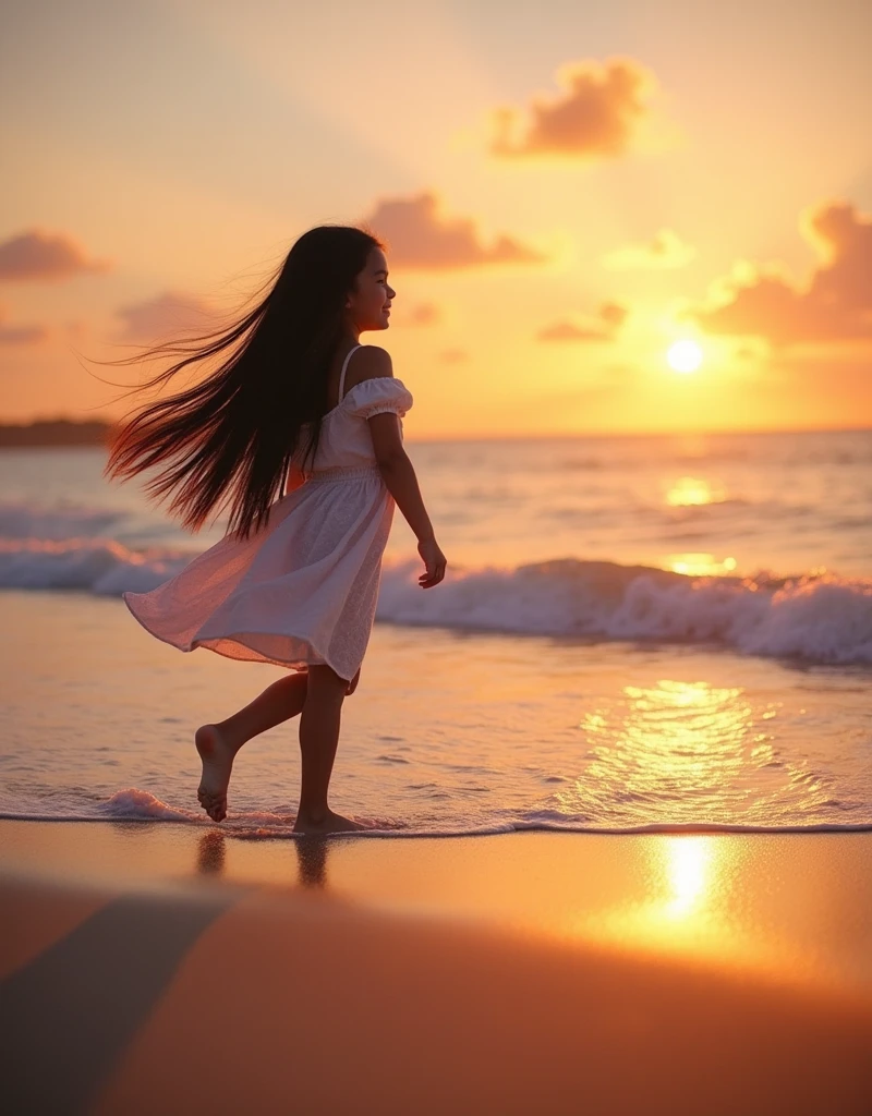 Photo of young girl in long black hair walking on beach, Kelsey Asbille