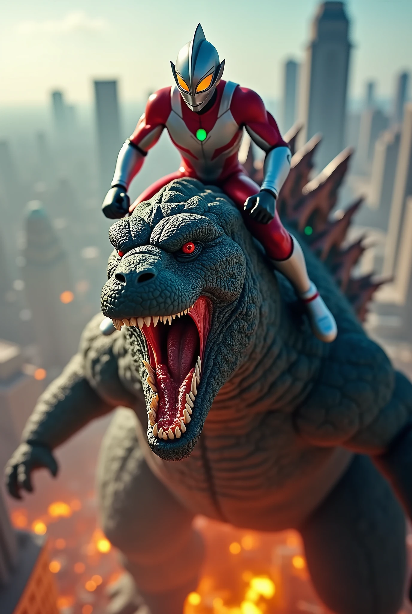 Tilt shift photography ultraman riding godzilla,godzilla mouth ripped open,brutal fight scene,cinematic lighting,highly detailed,realistic,photorealistic,extremely detailed,4k,8k,high resolution,best quality,masterpiece,ultra detailed,sharp focus,intense colors,dramatic shadows,dynamic composition,hyper realistic,cinematic angles,action poses,cinematic atmosphere