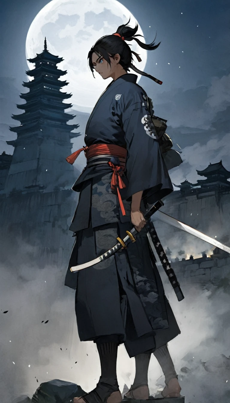 A samurai standing under the moonlight, glaring fiercely as if daring anyone to challenge him, the castle behind him looks ominous, like he’s ready to defend his honor at any cost.