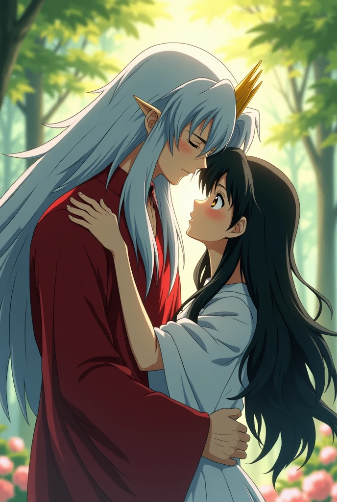 Sesshomaru from the Inuyasha series hugs Kagome and kisses her with their faces flushed.